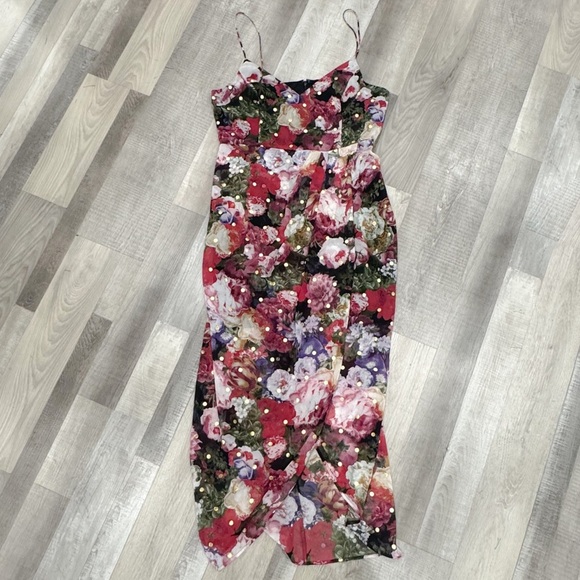 Express floral metallic detail faux wrap front spaghetti strap dress ❤️ - Picture 4 of 8
